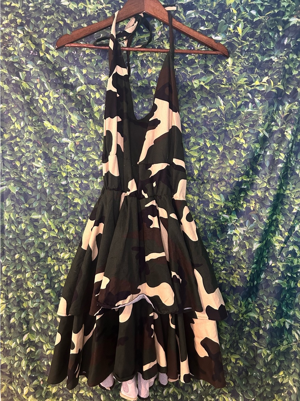 Halter Camouflage Print Tiered Dress in Black and Cream